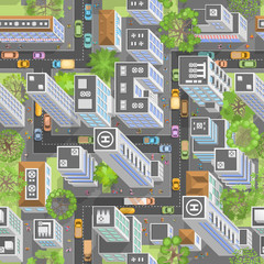 Seamless pattern cityscape. Isometric top view. The city with streets, houses, roads, cars. (view from above) 