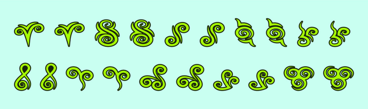 set of Koru. Maori symbol is a spiral shape based on silver fern frond cartoon icon design template with various models. vector illustration