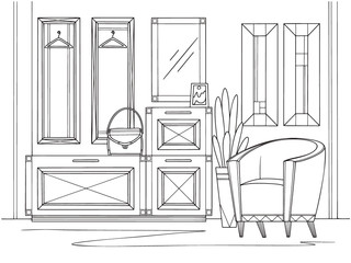 Sketch interior. Hallway furniture, various decorations and other elements. Vector illustration