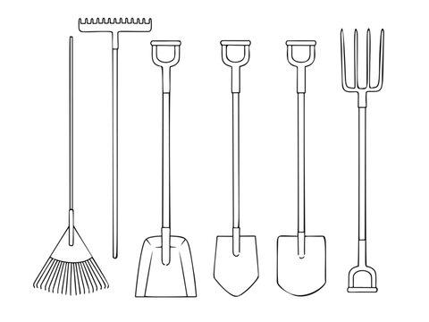 Set of different garden tools. Shovel, rake, pitchfork, spade isolated on a white background. Vector illustration