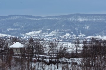 a house in the forest during winter season