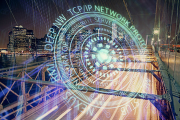 Data theme hologram drawing on city view with skyscrapers background double exposure. Ai concept.