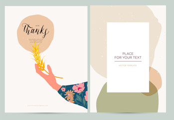 Thanksgiving greeting cards and invitations. A woman's hands hold an ear of wheat.Vector illustration.