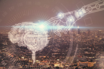 Fototapeta premium Brain hologram drawing on city scape background Double exposure. Brainstorming concept.