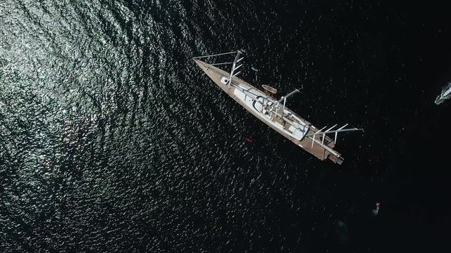 Three-masted mega yacht flying around the yacht on a drone. Majorca. Spain