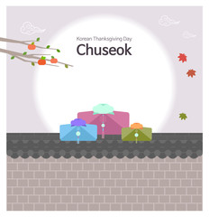 It is a good background to use for Chuseok, a traditional Korean holiday. It is an autumn background with a full moon floating and persimmon trees, maple leaves, and stone walls.