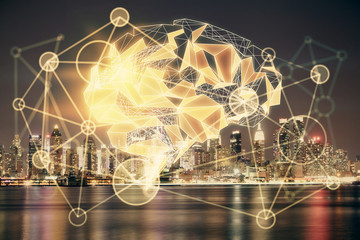 Brain hologram drawing on city scape background Double exposure. Brainstorming concept.