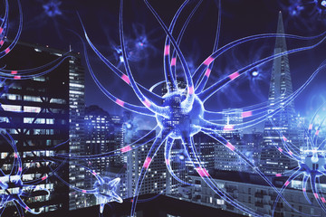 Double exposure of neuron drawing icon and cityscape background. Concept of education.