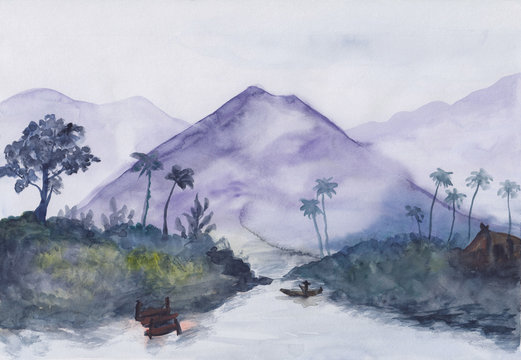 Watercolor painting of Asian mountains, lake, fisherman boat & forest. Oriental style serene landscape illustration with palms & layers of rocks. Card, print, relaxing meditation background concept.