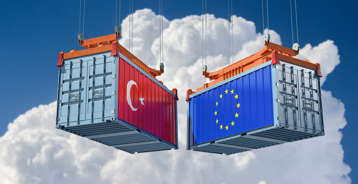 Freight containers with Turkey and European Union national flags. 3D Rendering 