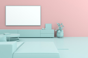 3d surreal render of tv screen and cabinet on pastel background. Mock up scene.