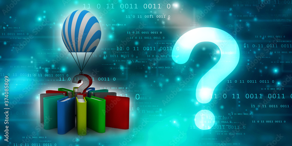 Poster 3d rendering books with question mark symbol connected parachute