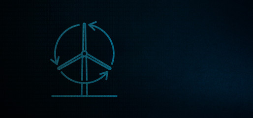 Wind Turbine Linear Icon on the tech blue and dark background.  Binary coding and Wind Energy banner. Minimal aesthetics.