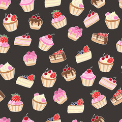 Seamless pattern with sweet cupcakes and cakes on a dark background