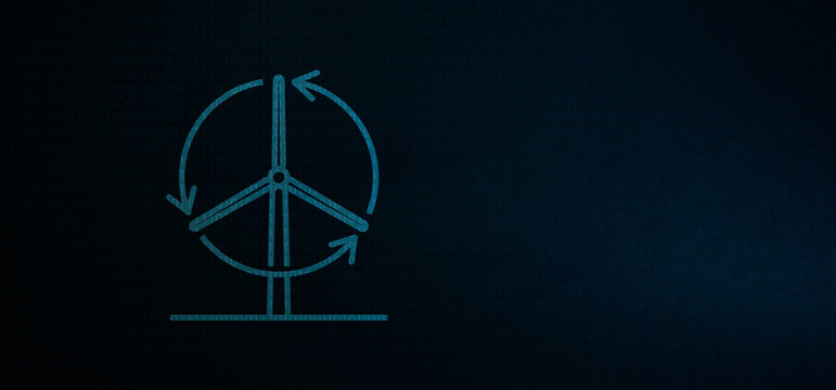 Wind Turbine Linear Icon on the tech blue and dark background.  Binary coding and Wind Energy banner. Minimal aesthetics. - Powered by Adobe