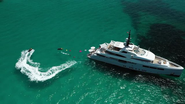 flying over the beach and the yacht Marina in Sa Rapita and es Trenc. Majorca. Spain.
