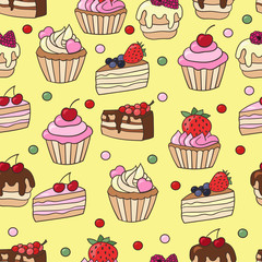 Seamless pattern with sweet cupcakes and cakes on a yellow background