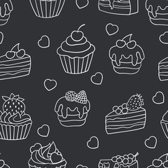 Seamless pattern with sweet cupcakes and cakes, white outline on a black background