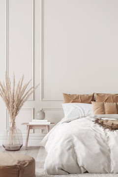 Contemporary bedroom design mockup, bight home decor, 3d render