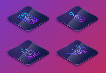 Set Isometric line City map navigation, Coffee cup, Guitar and Swiss army knife. Blue square button. Vector.