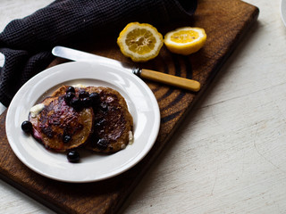 Blueberry pancakes gluten free in natural light.
