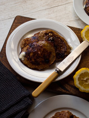 Blueberry pancakes gluten free in natural light.
