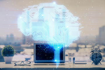 Double exposure of desktop with computer and brain drawing hologram. Artificial intelligence concept.