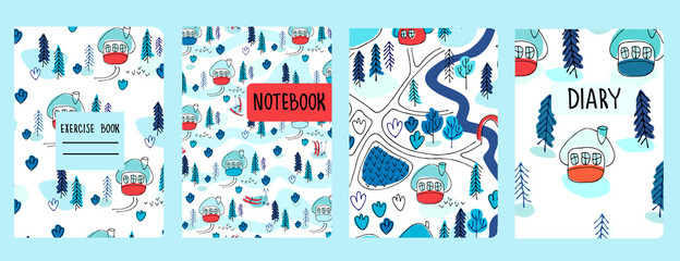 Set of cover page vector templates based on seamless patterns with winter landscapes, cottages, fir trees and skis in the snow. Perfect for exercise books, notebooks, diaries, presentations