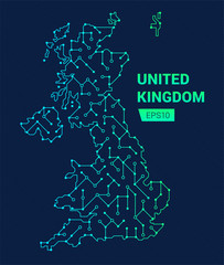 Abstract digital map of United Kingdom. Electric circuit of the country. Technology background. 