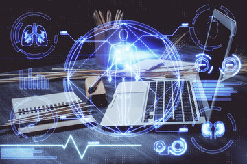 Desktop computer background and education theme drawing. Double exposure. Study concept.