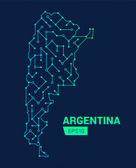 Abstract futuristic map of Argentina. Electric circuit of the country. Technology background.