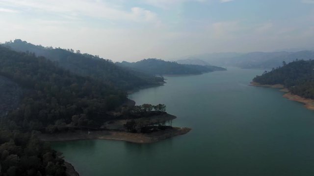 Napa, California, USA. 22 August 2020. Aerial: Lake Berryessa and burnt out forest. LNU Lightning Complex Fire that ravaged the Napa, Sonoma, Lake and Solano counties.