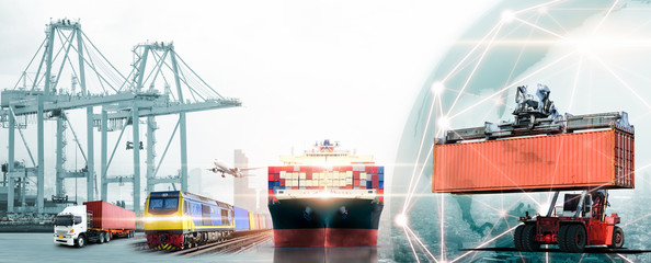 Global business logistics import export concept, container truck, ship in port and freight cargo...