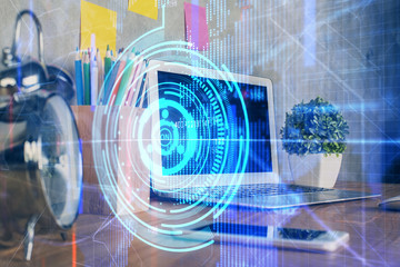 Multi exposure of desktop with computer on background and tech theme drawing. Concept of big data.