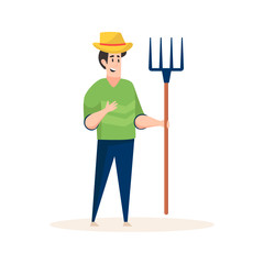 
Man holding rake, farmer in flat vector design 
