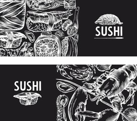 Raster graphics of sushi, rolls, seafood, banner sketches. Pattern, print, menu cover. High detail, high-quality drawing, line drawing.
