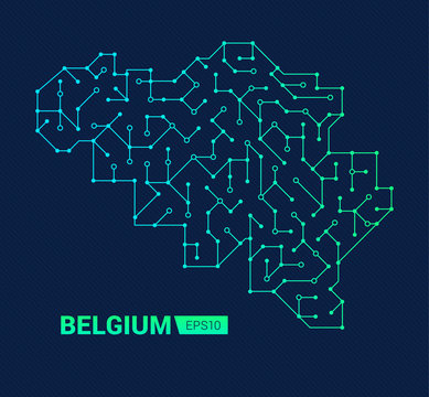 Abstract futuristic map of Belgium. Electric circuit of the country. Technology background.