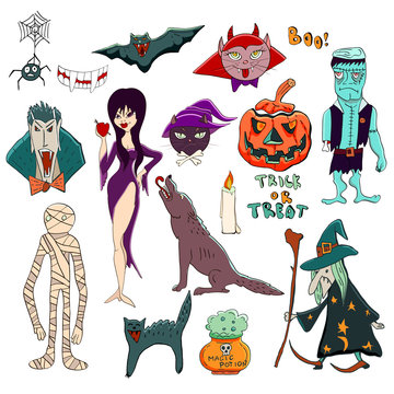 Vector Halloween set. Halloween characters such as vampire Dracula, old witch, pumpkin Jack o lantern, werewolf, Elvira mistress of the dark, mummy, Frankenstein, black cat, bat, spider.