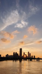 new york city skyline at sunset