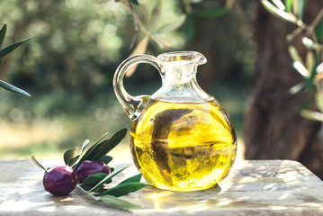 Extra virgin olive oil on the olive grove background