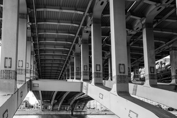 Metal bridge structures, photos under the bridge, black and white