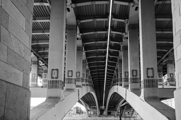 Metal bridge structures, photos under the bridge, black and white