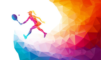 Creative silhouette of female tennis player. Racquet sport vector illustration or banner template in trendy abstract colorful polygon style with rainbow back