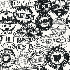 Columbus, OH, USA Stamps Background. A City Stamp Vector Art. Set of Postal Passport Travel. Design Set Pattern.