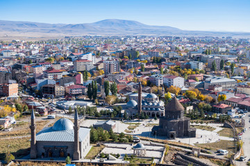 Panoramic view onto Kars (Turkey) from walls of Kars Castle. Most popular tourist attractions are on front (left to right): Eviya Mosque, Ulu Mosque, Kumbet Mosque (former church of All Saints)