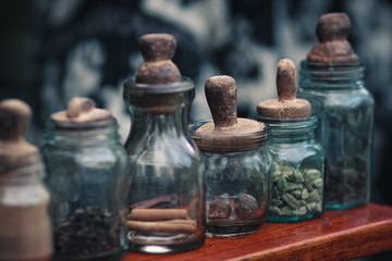 Vintage glass containers with condiments for coffee cooking