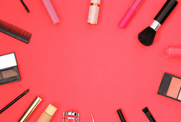 flatlay banner copy space for cosmetics stores, makeup artists, hairdressers. Makeup brushes, shadows, mascara, lipstick, laid out in a circle top view