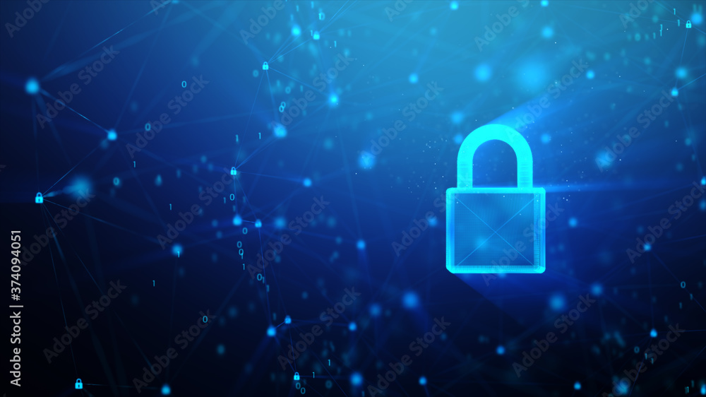 Poster 3d padlock with connection line, with lighting shallow depth of field and glitter effect, against 0 