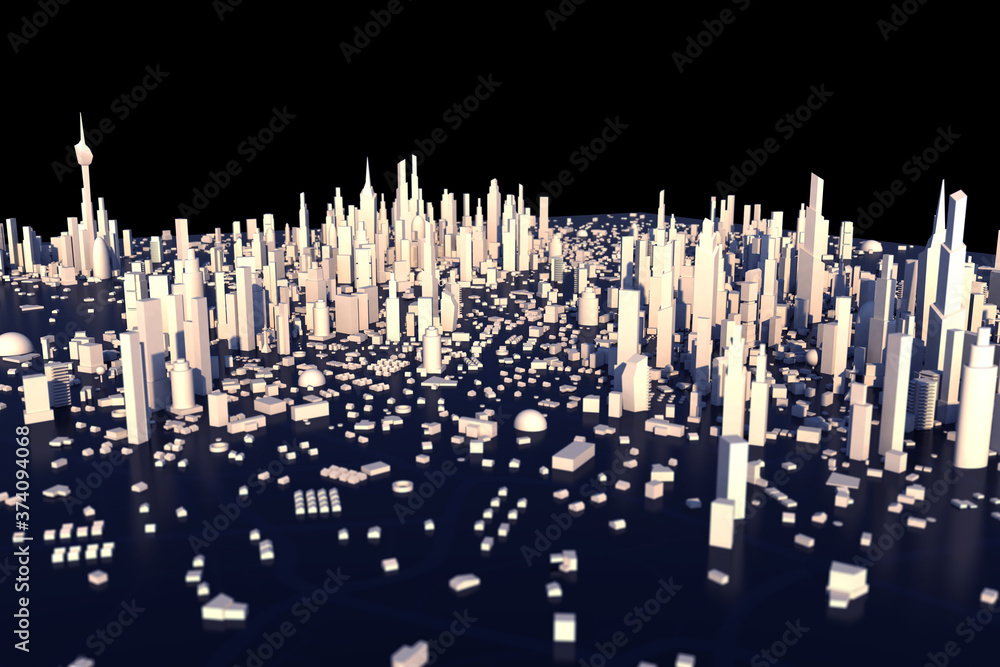 Poster 3d rendering white city, cityscape with building house and street with shallow depth of field effect
