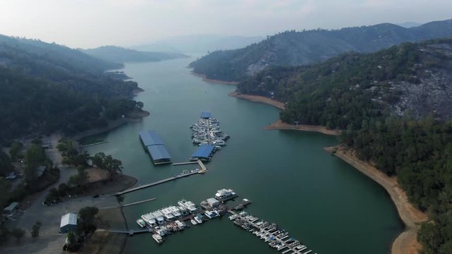 Napa, California, USA. 22 August 2020. Aerial: Lake Berryessa and burnt out forest. LNU Lightning Complex Fire that ravaged the Napa, Sonoma, Lake and Solano counties.